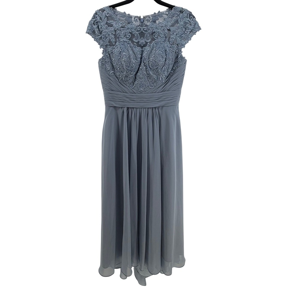 Azazie Maxi Dress Women A6 Dusty Blue Lace Chiffon Formal Pockets Romantic Guest